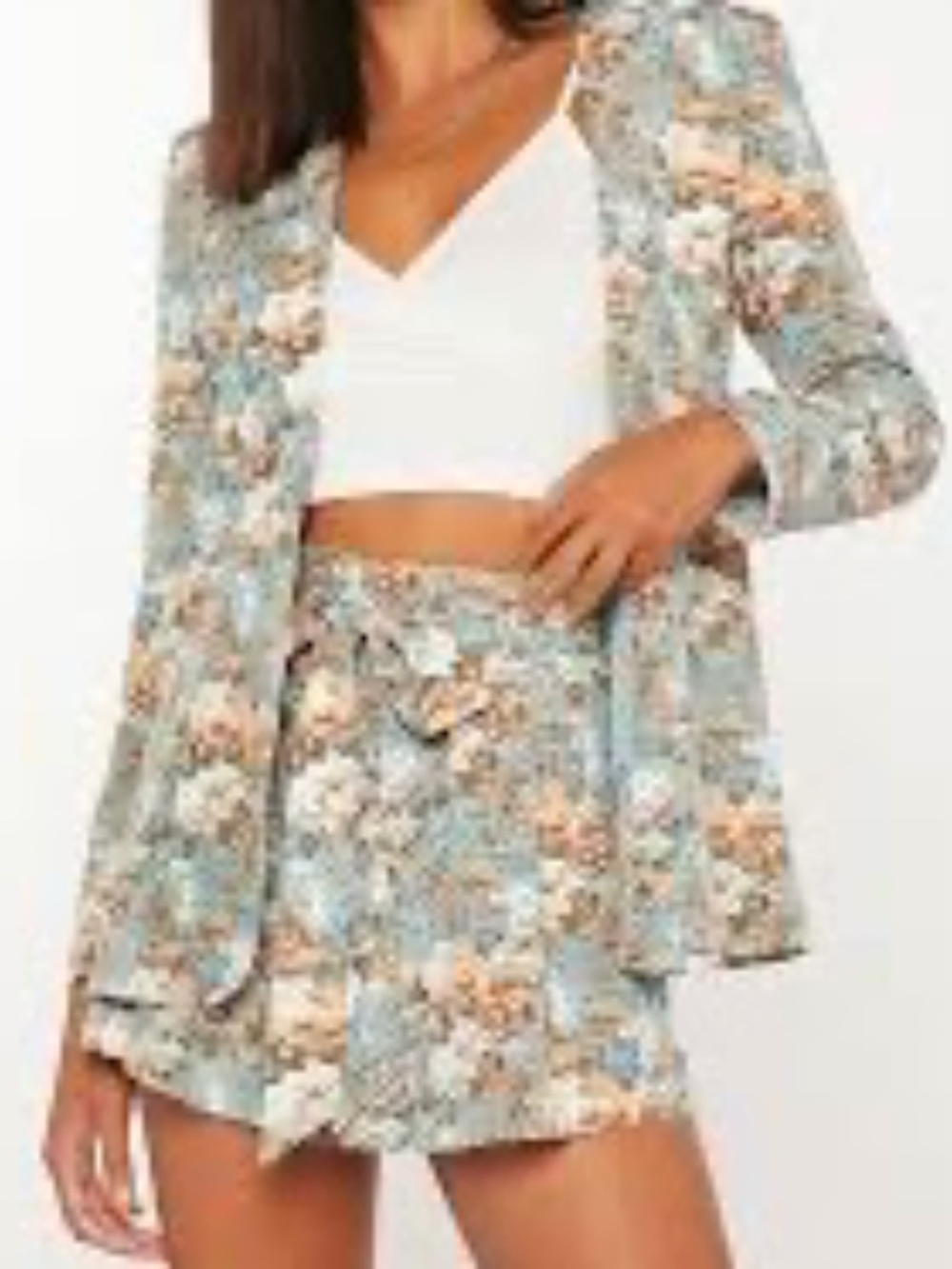 SHEIN Tall Floral Print Blazer & Paperbag Waist Belted Shorts